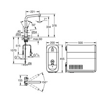 Technische Zeichnung einer Küchenarmatur mit Boiler und Abmessungen