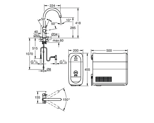 Maßzeichnung einer Küchenarmatur mit Boiler