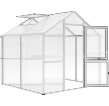 Gewächshaus mit geöffneter Tür und Dachfenster