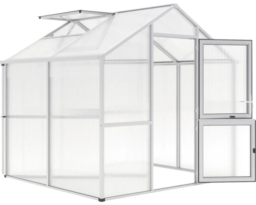 Gewächshaus mit geöffneter Tür und Dachfenster