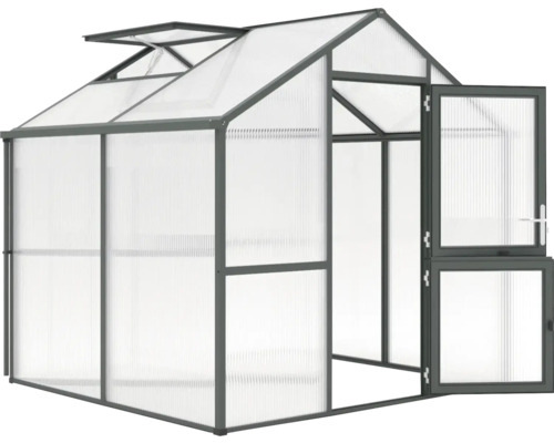 Gewächshaus mit Dachfenster und geöffneter Tür