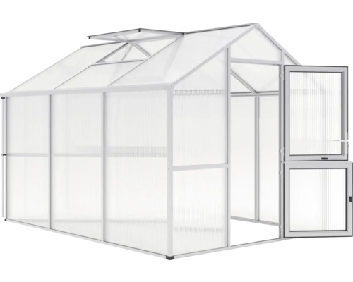 Gewächshaus mit geöffneter Tür und Oberlichtfenstern