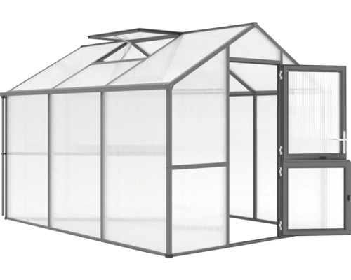 Gewächshaus mit offenstehender Tür und Dachfenster