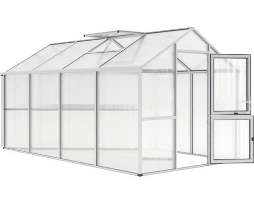 Gewächshaus mit Dachfenstern und geöffneter Tür