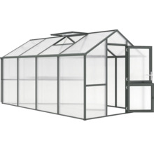 Gewächshaus mit Polycarbonatplatten und geöffneter Tür