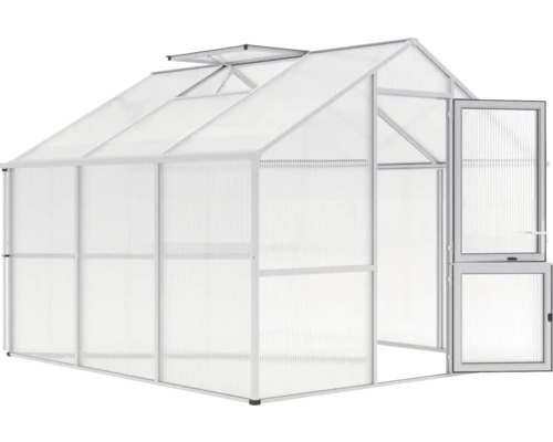 Gewächshaus Modell Aptasia III-s, anthrazit-grau Gewächshaus mit geöffneter Tür und Dachfenster