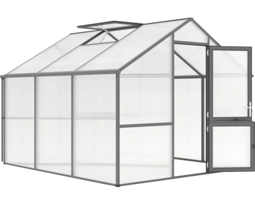 Gewächshaus mit geöffneter Tür und Dachfenster