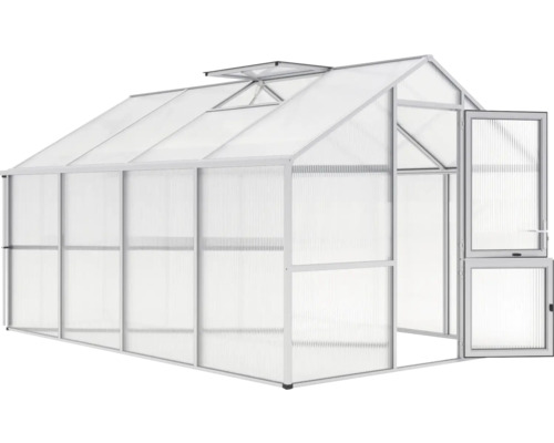 Gewächshaus mit Dachfenster und geöffneter Tür