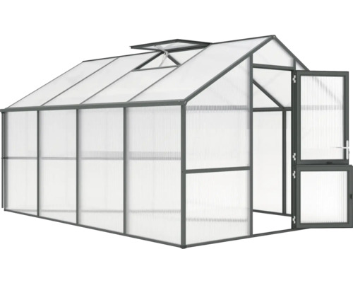 Gewächshaus Modell Dahlie IV, anthrazit-grau Gewächshaus mit geöffneter Tür und Dachfenster