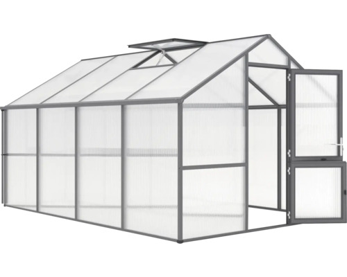 Gewächshaus Modell Dahlie III, tannengrün Gewächshaus mit geöffneter Tür und Dachfenster