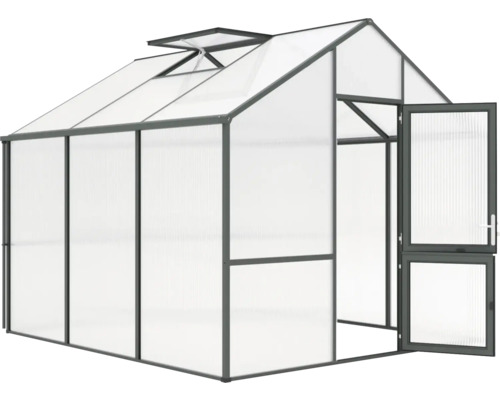 Gewächshaus Modell Iris III, tannengrün Gewächshaus mit geöffneter Tür und Dachfenster