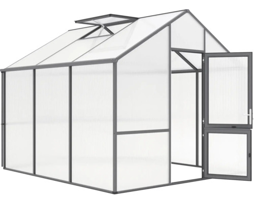 Gewächshaus mit geöffneter Tür und Dachfenster