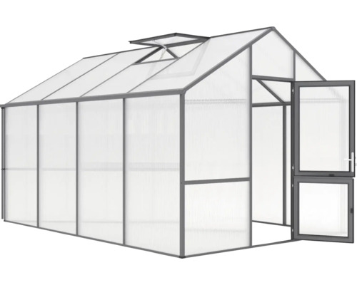 Gewächshaus Modell Ortasia IV, anthrazit-grau Gewächshaus mit geöffneter Tür und Dachfenster.