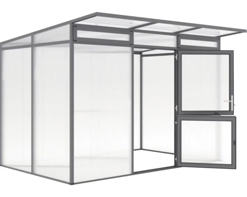 Gewächshaus Modell Enzian IV, blank Gewächshaus mit geöffneter Tür