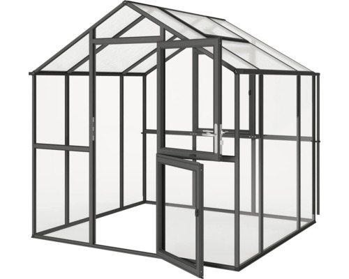 Gewächshaus Modell Nelke IV, anthrazit-grau Gewächshaus mit geöffneter Tür