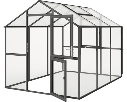 Gewächshaus Modell Nelke IV, blank Gewächshaus mit geöffneter Tür