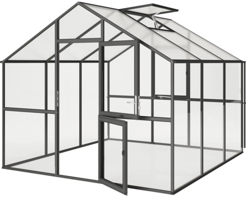Gewächshaus mit Aluminiumrahmen und geöffneter Tür