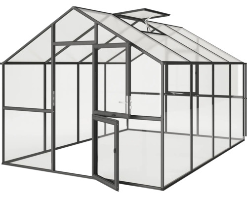 Gewächshaus Modell Dahlie IV, blank Gewächshaus mit geöffneter Tür und Dachfenster
