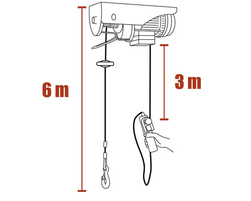 Technische Zeichnung einer elektrischen Seilwinde mit einer Hubhöhe von sechs Metern und einer Seillänge von drei Metern.