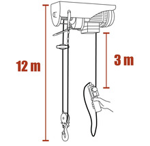 Zeichnung eines elektrischen Seilzugs mit einer Hubhöhe von zwölf Metern und einer Kabellänge von drei Metern.