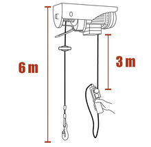 Zeichnung eines elektrischen Seilzugs mit einer Seillänge von 6 Metern und einer Kabellänge von 3 Metern