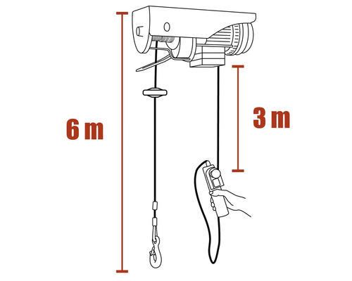 Zeichnung eines elektrischen Seilzugs mit einer Seillänge von 6 Metern und einer Kabellänge von 3 Metern