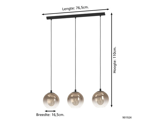 Hängeleuchte mit drei Leuchten, Kugelform, Metallaufhängung