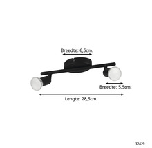 Deckenleuchte mit zwei Strahlern und Abmessungen.