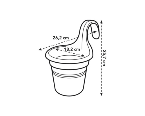 Abbildung eines Hängetopfes mit Maßangaben: 26,2 cm breit, 25,7 cm hoch, 18,2 cm Innendurchmesser
