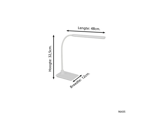 Abbildung einer Schreibtischlampe mit den Maßen 48 cm Länge, 32,5 cm Höhe und 12 cm Breite.