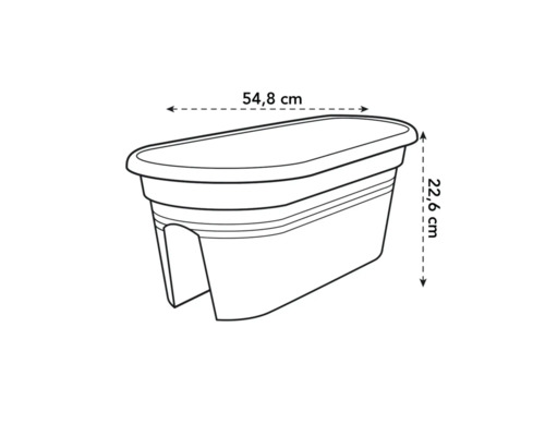 Abbildung eines Balkonkastens mit den Maßen 54,8 cm Breite und 22,6 cm Höhe.