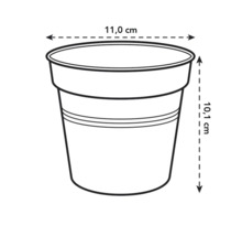 Abbildung eines Pflanzgefäßes mit den Maßen 11,0 cm Durchmesser und 10,1 cm Höhe.
