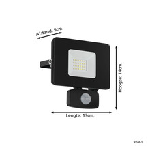 Schwarzer LED-Strahler mit Bewegungsmelder, 14 cm hoch, 13 cm lang und 5 cm Abstand