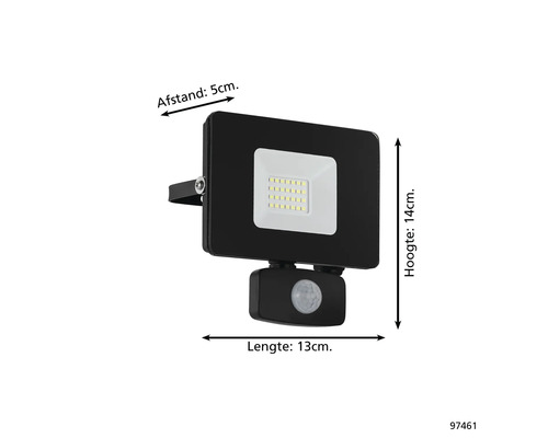 Schwarzer LED-Strahler mit Bewegungsmelder, 14 cm hoch, 13 cm lang und 5 cm Abstand