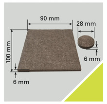 Filzgleiter Set mit den Maßen 90 Millimeter mal 100 Millimeter und 28 Millimeter Durchmesser, 6 Millimeter dick