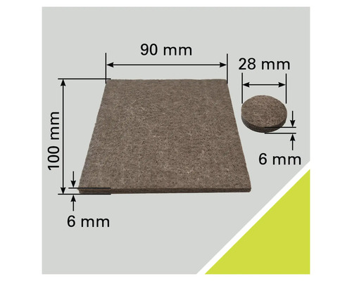 Filzgleiter Set mit den Maßen 90 Millimeter mal 100 Millimeter und 28 Millimeter Durchmesser, 6 Millimeter dick