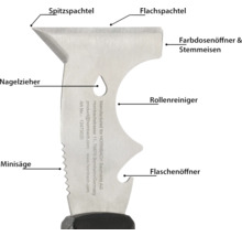 Mehrzweckwerkzeug mit Spachtel, Dosenöffner, Rollenreiniger, Stemmeisen, Minisäge und Nagelzieher