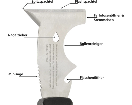 Mehrzweckwerkzeug mit Spachtel, Dosenöffner, Rollenreiniger, Stemmeisen, Minisäge und Nagelzieher