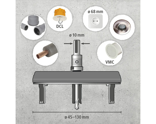 Lochsäge mit verschiedenen Bauteilen wie DCL-Deckenanschlussdose, Steckdose, VMC-Lüftungsventil und Rohrleitungen