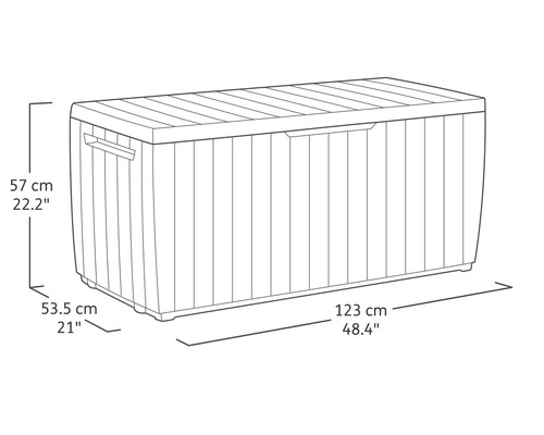 Abbildung einer Kunststoff-Gartenbox mit den Maßen 57 cm Höhe, 53,5 cm Tiefe und 123 cm Breite.