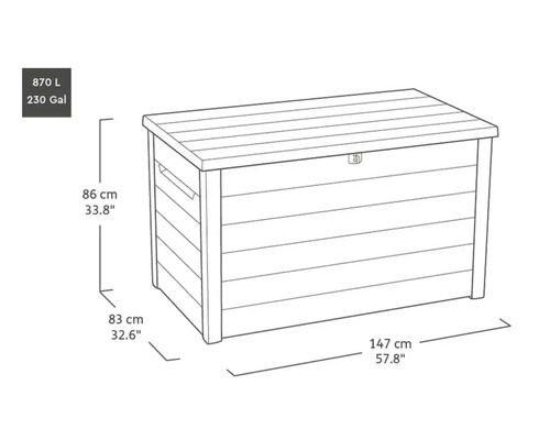 Abbildung einer Gartenbox mit den Maßen 147 cm Breite, 86 cm Höhe und 83 cm Tiefe sowie einem Fassungsvermögen von 870 Litern.