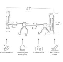 Türgarderobe aus verzinktem Stahl, 74 cm breit und 31 cm hoch, mit kratzfester Oberfläche, die anpassbar ist, um wertvollen Platz zu sparen.