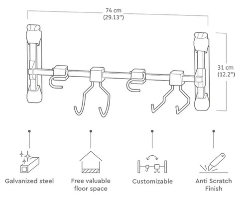 Türgarderobe aus verzinktem Stahl, 74 cm breit und 31 cm hoch, mit kratzfester Oberfläche, die anpassbar ist, um wertvollen Platz zu sparen.