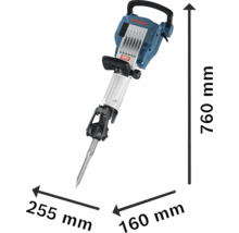 Boschhammer Abbruchhammer mit den Maßen 760 mm Höhe, 255 mm Breite und 160 mm Tiefe.