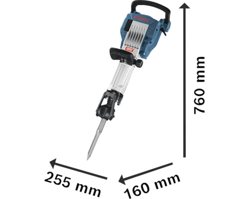 Boschhammer Abbruchhammer mit den Maßen 760 mm Höhe, 255 mm Breite und 160 mm Tiefe.