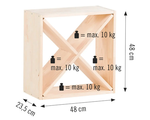 Weinregal aus Holz mit Größenangaben und maximaler Belastung