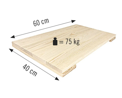 Holzplatte mit den Maßen 60 Zentimeter mal 40 Zentimeter und einer Traglast von 75 Kilogramm