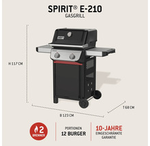Weber Spirit E-210 Gasgrill mit den Maßen Höhe 117 cm, Breite 123 cm und Tiefe 68 cm.