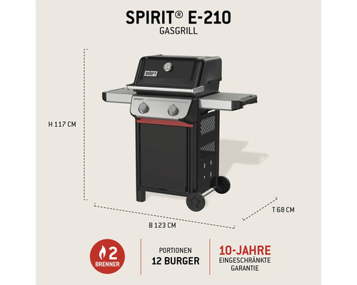Weber Spirit E-210 Gasgrill mit den Maßen Höhe 117 cm, Breite 123 cm und Tiefe 68 cm.