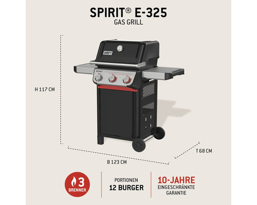 Weber Spirit E-325 Gasgrill mit drei Brennern und den Maßen Höhe 117 cm, Breite 123 cm und Tiefe 68 cm.